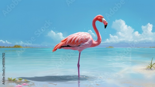 A chilled-out flamingo standing on one leg in shallow water  wearing a lei necklace and basking in the sun - Generative Ai