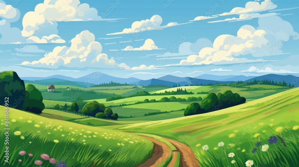 Fototapeta premium Rolling Summer Hills, Green Pastures, Blue Sky with Fluffy Clouds, Abstract Cartoon Art, Digital Illustration, Generative AI