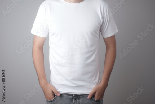 unrecognizable Male standing on white with white t-shirt on