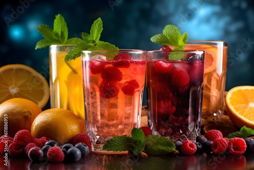 Glasses with different types of juice  berries on the table  ai generated