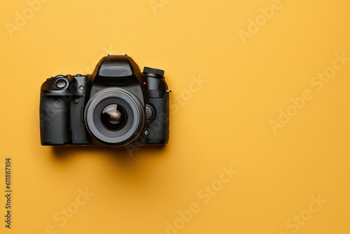 digital camera isolated on yellow background. travel concept. minimal style with copy space.