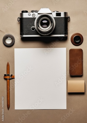 Top view of vintage camera, pen , lens and blank white paper on a brown background with copy space.ai generated