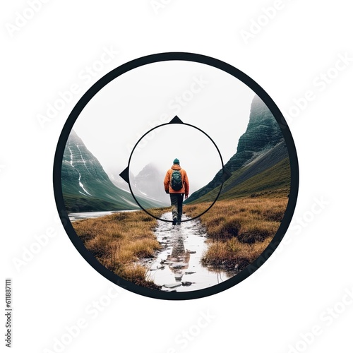 Hiker viewed from different camera lens in nature with circle background.ai generated © PapatoniC