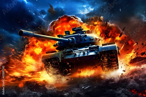 Tank on fire on the battle field, ai generated