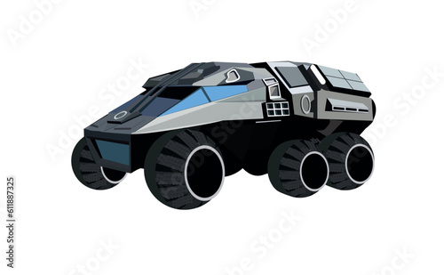 A  futuristic mars rover against a white background.