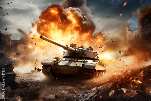 Tank on fire on the battle field, ai generated © Elena