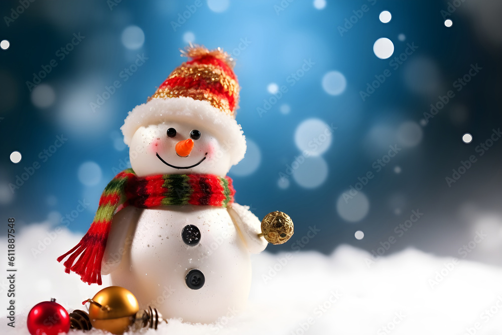 Christmas blue bokeh background with white snowman weraed in a warm hat and scarf, ai generated