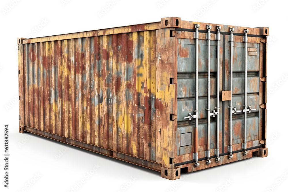 Old grunge metal cargo shipping container isolated on white background, ai generated Old grunge metal cargo shipping container isolated on white background, ai generated