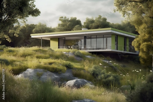 abstract modern flat roof house, modern architecture in nature, ai generated