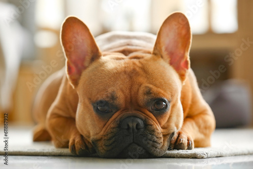 Cute French bulldog lying on carpet at home, closeup © Pixel-Shot