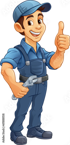 A handyman, mechanic, plumber or other construction cartoon mascot man holding a wrench or spanner tool.