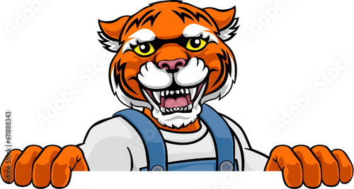 A tiger cartoon animal mascot gardener, carpenter, handyman, decorator or builder construction worker peeking around a sign