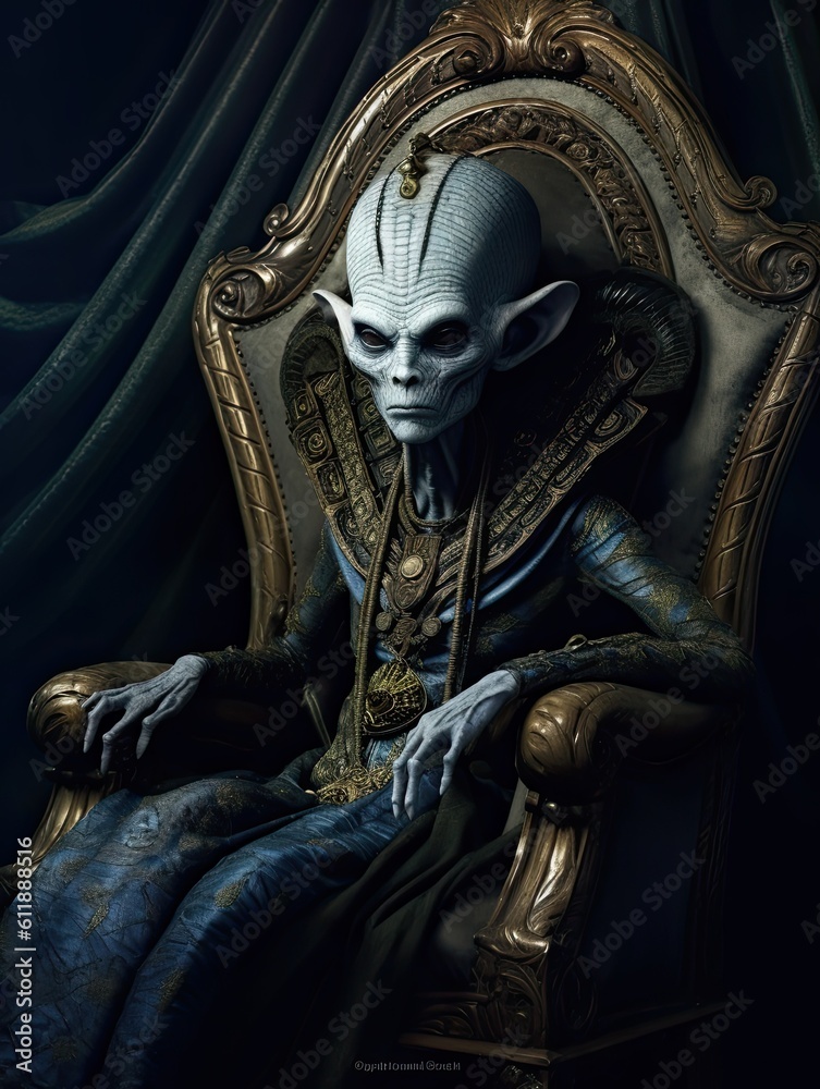 Obraz premium An extraterrestrial alien on his royal throne. Generative AI