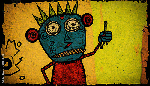 Generative AI illustration of art brut style image of groups of very stylized faces and people