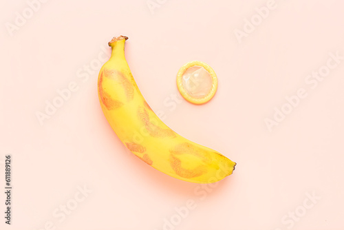 Banana with lipstick kiss marks and condom on pink background. Sex concept