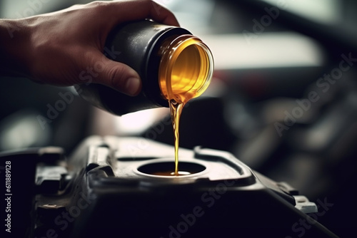 unrecognizable man Pouring oil to car engine photo