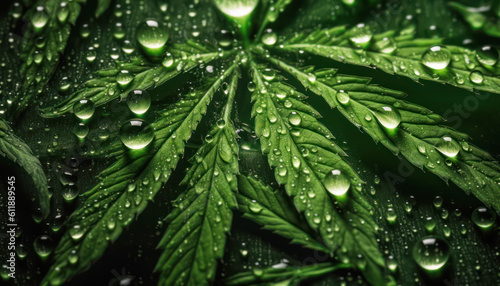 Close up of Marijuana leaves with water drop in dark black background. Fresh fruit herbal and Vegetable concept. Nutrition vitamin and medicine theme. Generative AI