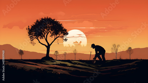 person planting a tree in soil at sunrise - generative ai © Rangga Bimantara