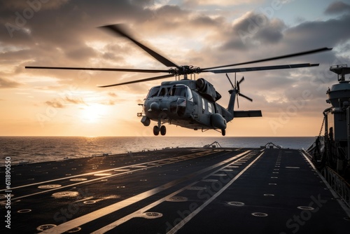 Helicopter on the deck of an aircraft carrier during sunset. Military helicopter landing on an aircraft carrier, AI Generated