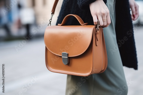 unrecognizable Stylish fashionable woman with trendy leather round orange handbag bag
