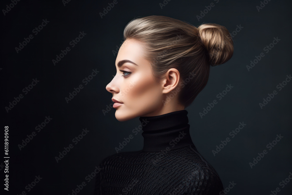 Generative AI - Side View Portrait of a Beautiful Elegant Woman in a Black Turtleneck Generative AI - Side View Portrait of a Beautiful Elegant Woman in a Black Turtleneck