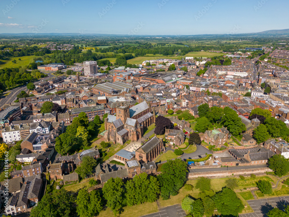 Aerial drone photo of the old cathedral in Carlisle, Cumbria England. 
