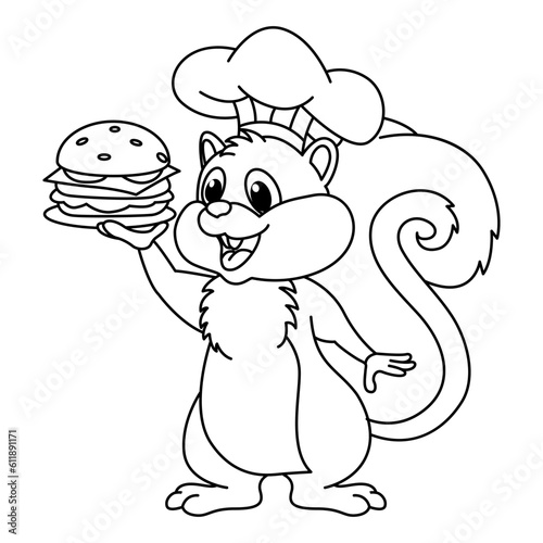 Funny squirrel chef cartoon vector coloring page
