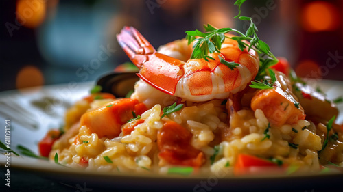 Traditional Italian risotto with seafood, shrimp and mussels, tomatoes