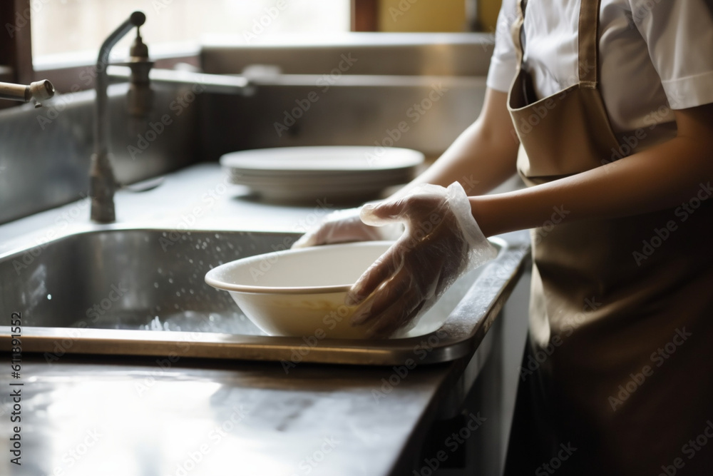 Unrecognizable Waitress washing dish in the kitchen of restaurant