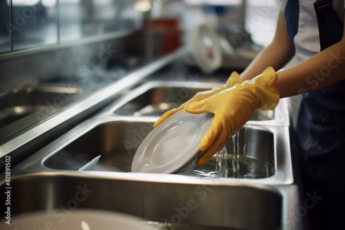 Unrecognizable Waitress washing dish in the kitchen of restaurant