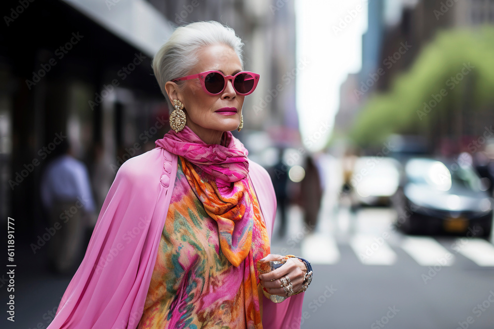 Generative AI illustration of 60 years old caucasian woman dressed in haute couture walking through the streets of Paris