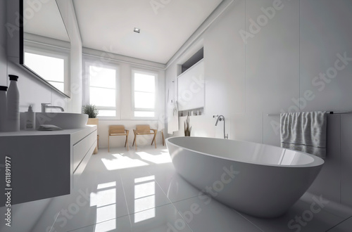 Generative AI illustration of minimalist luxury bathroom in white and pastel colors