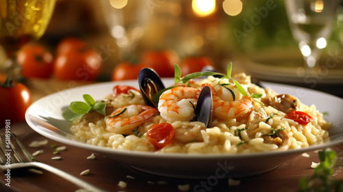 Traditional Italian risotto with seafood, shrimp and mussels, tomatoes