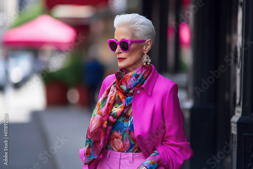 Generative AI illustration of 60 years old caucasian woman dressed in haute couture walking through the streets of Paris photo