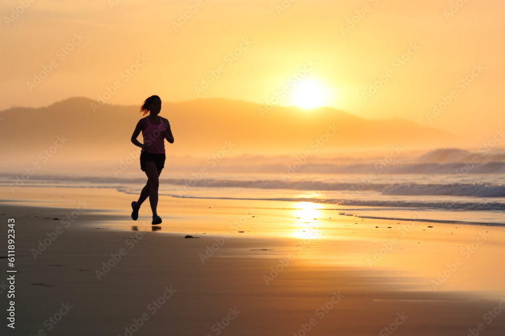 unrecognizable Woman jogging on the beach at sunrise