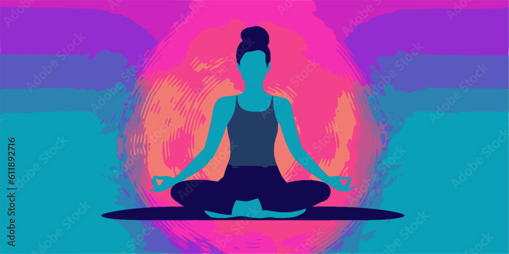 Silhouette of yoga woman on a brightly colored background, mindfullness concept, new year's resolution, Mindfulness Day. 
