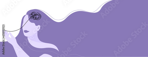 Silhouette of smiling woman with managing her stress or depress, mental health concept. Flat vector illustration banner.	