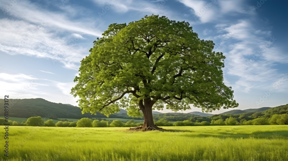 beautiful big old tree in the field Generative AI, AI Generated