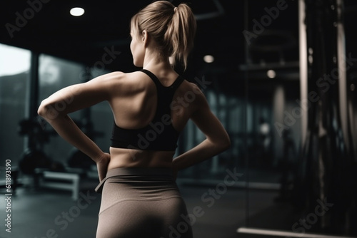 unrecognizable woman stretching her back in a training gym