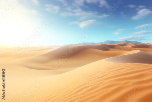 desert fantasy sunset scenery landscape with a bright sun, thick clouds on blue sky. Generative AI