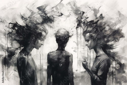 Dark Illustration of People With Clouded Minds, Representing Depression, Mental Health Concepts, Generative AI
