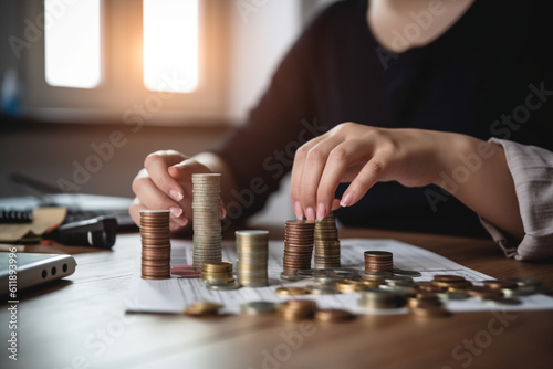 unrecognizable woman studying investment and a coin stack
