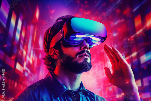 illustration of a man wearing VR headset , embracing the future , future tech