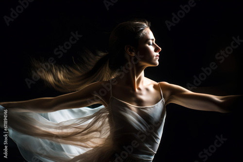 Generative AI - Captivating Portrait of a Ballerina in Mid-Performance with Chiaroscuro Lighting