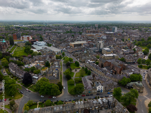 This aerial drone photo shows the town center of Harrogate in North-Yorkshire, England. 