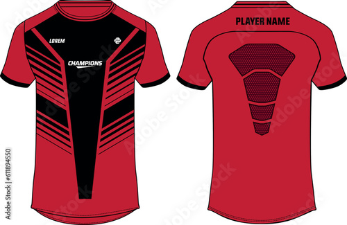 Sports jersey t shirt design flat sketch illustration, Stripe abstract printed Round neck football jersey concept with front and back view for Cricket, soccer, Volleyball and badminton uniform kit