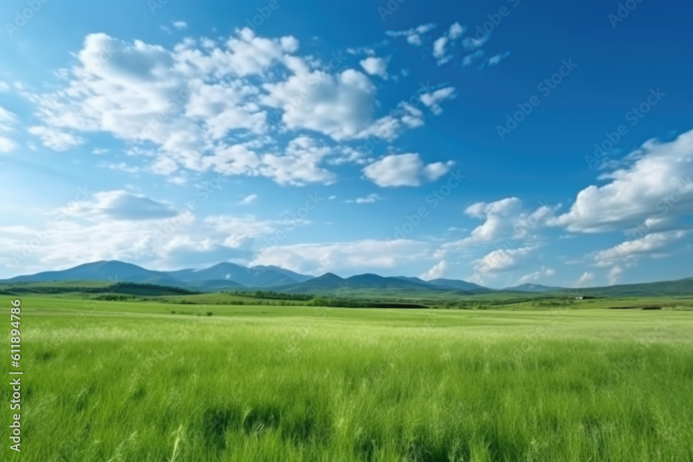 Serene Panoramic Landscape: Green Grass Field, Blue Sky, and Majestic Mountains Serene Panoramic Landscape: Green Grass Field, Blue Sky, and Majestic Mountains
