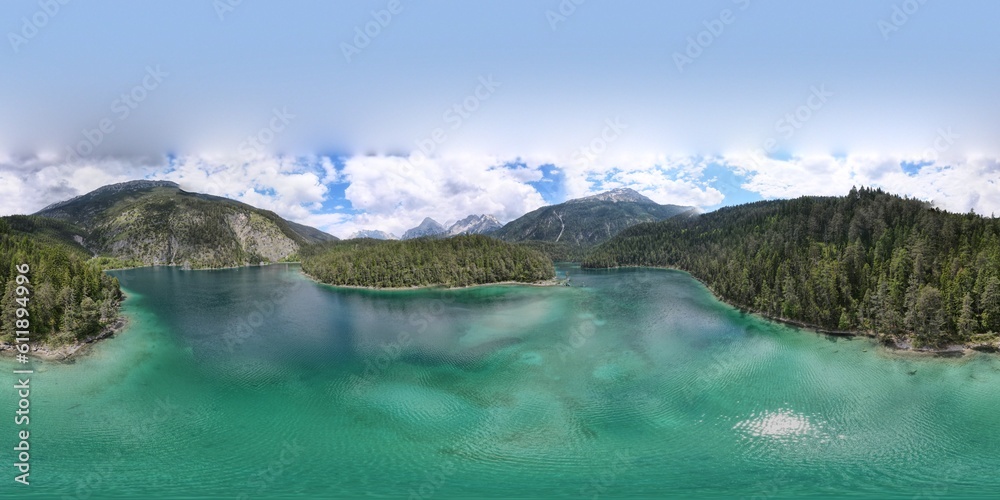 360 degrees panoramic view. Beautiful mountain scenery and panoramic view of the Lake Blindsee, Alps, Austria, Europe