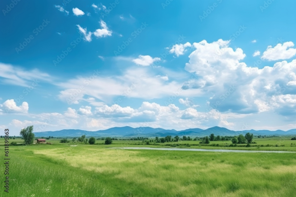 Serene Panoramic Landscape: Green Grass Field, Blue Sky, and Majestic Mountains