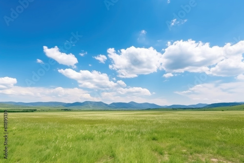 Serene Panoramic Landscape  Green Grass Field  Blue Sky  and Majestic Mountains